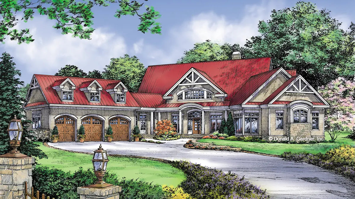 This is an illustration of the front of walkout basement house plan 1130 The Blue Ridge