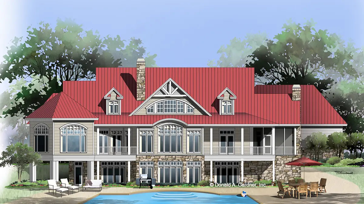 This is an illustration of the rear of craftsman house plan 1130 The Blue Ridge