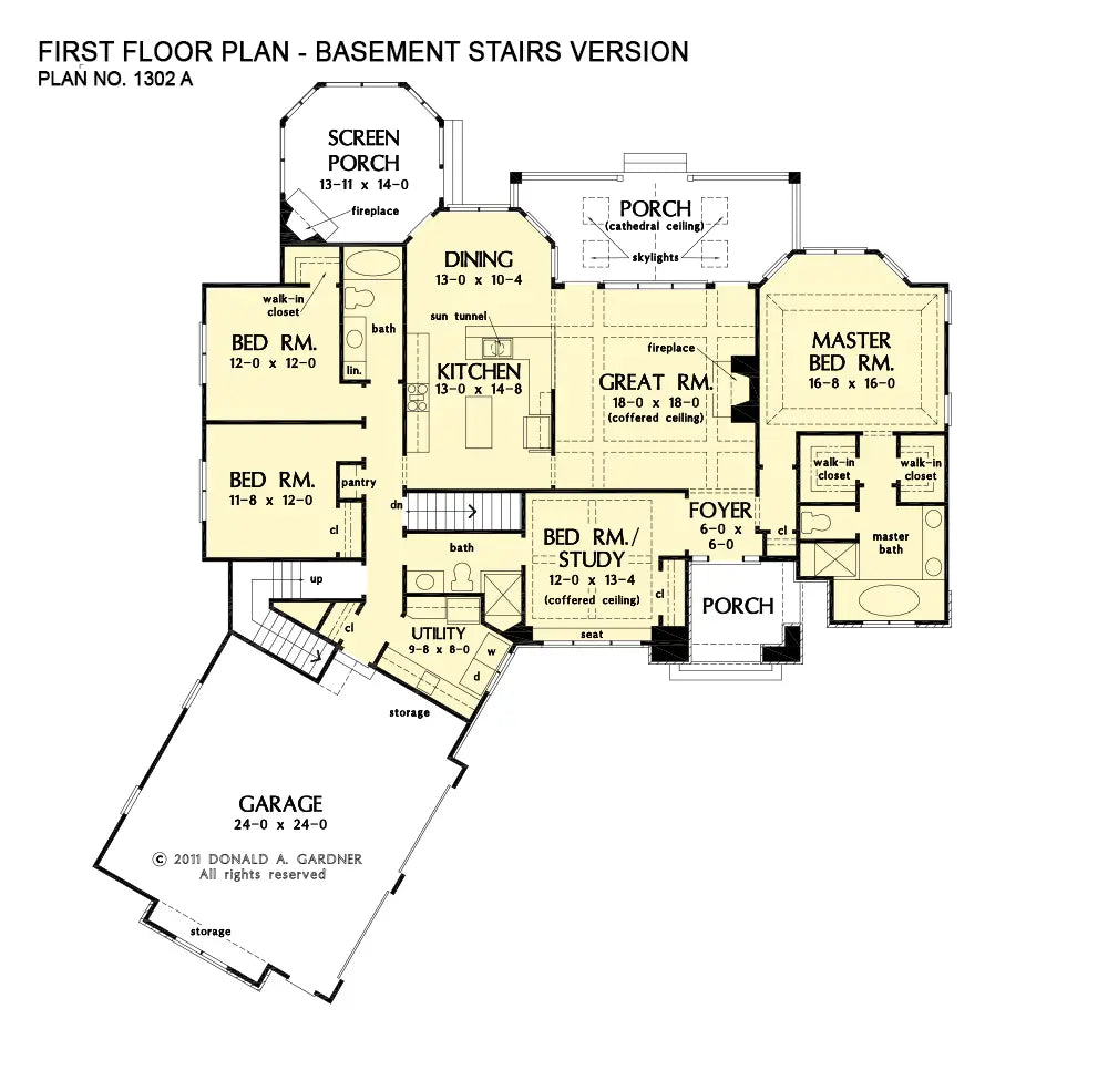 This is the first floor plan image for cottage house plan 1302 The Bluestone if the home is built over a basement