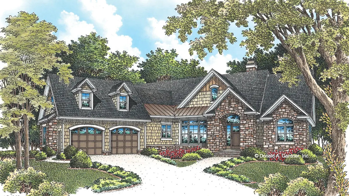 This is an illustration of the front of rustic house plan 1302 The Bluestone