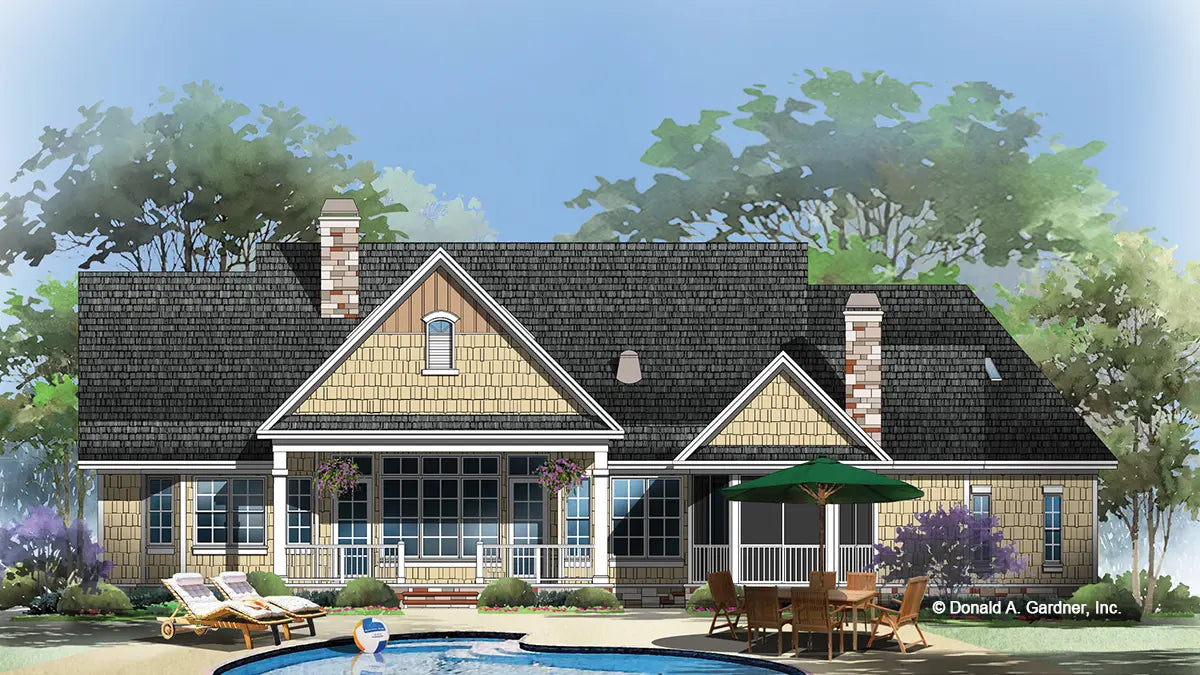 This is an illustration of the rear of cottage house plan 1302 The Bluestone