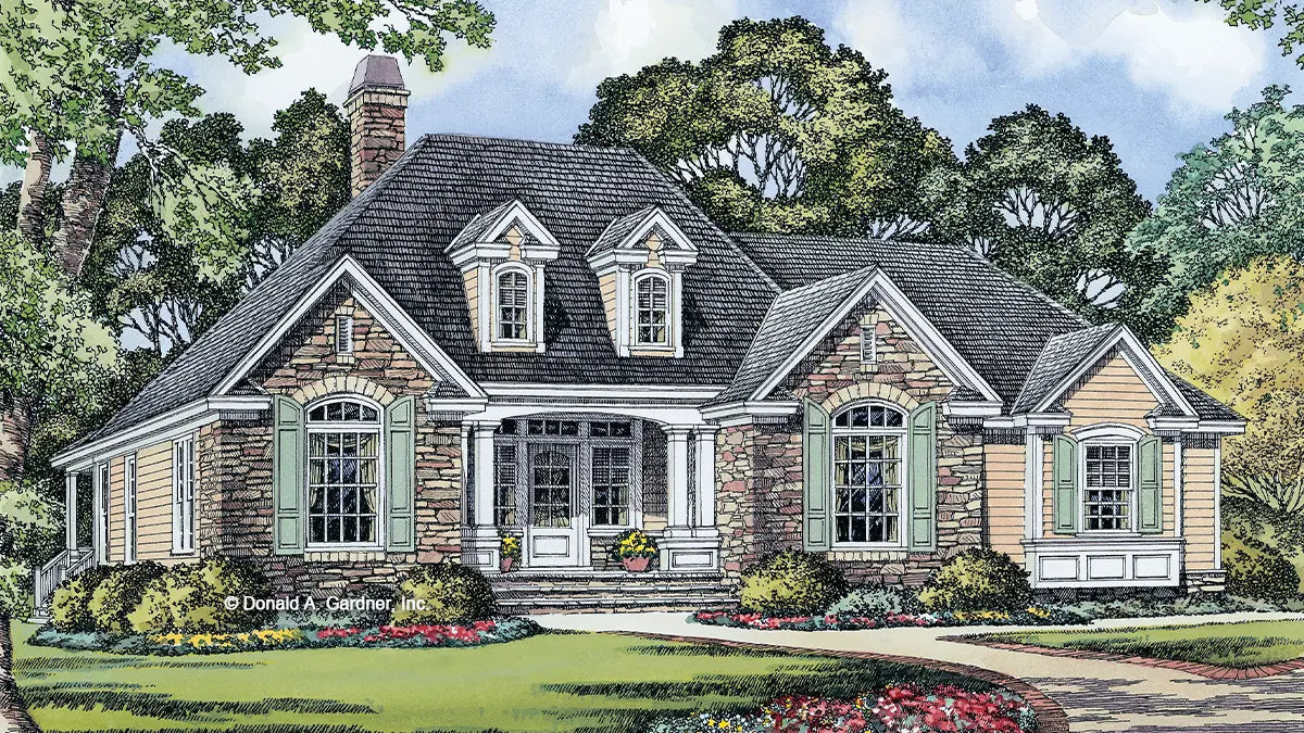 This is an illustration of the front of small house plan 1027 The Bookworth