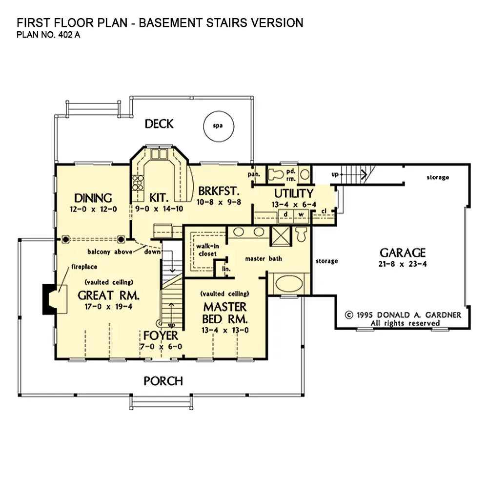 This is the first floor plan image for country house plan 410 The Bradley if the home is built over a basement