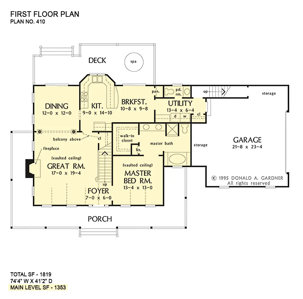 This is the first floor plan image for farmhouse plan 410 The Bradley