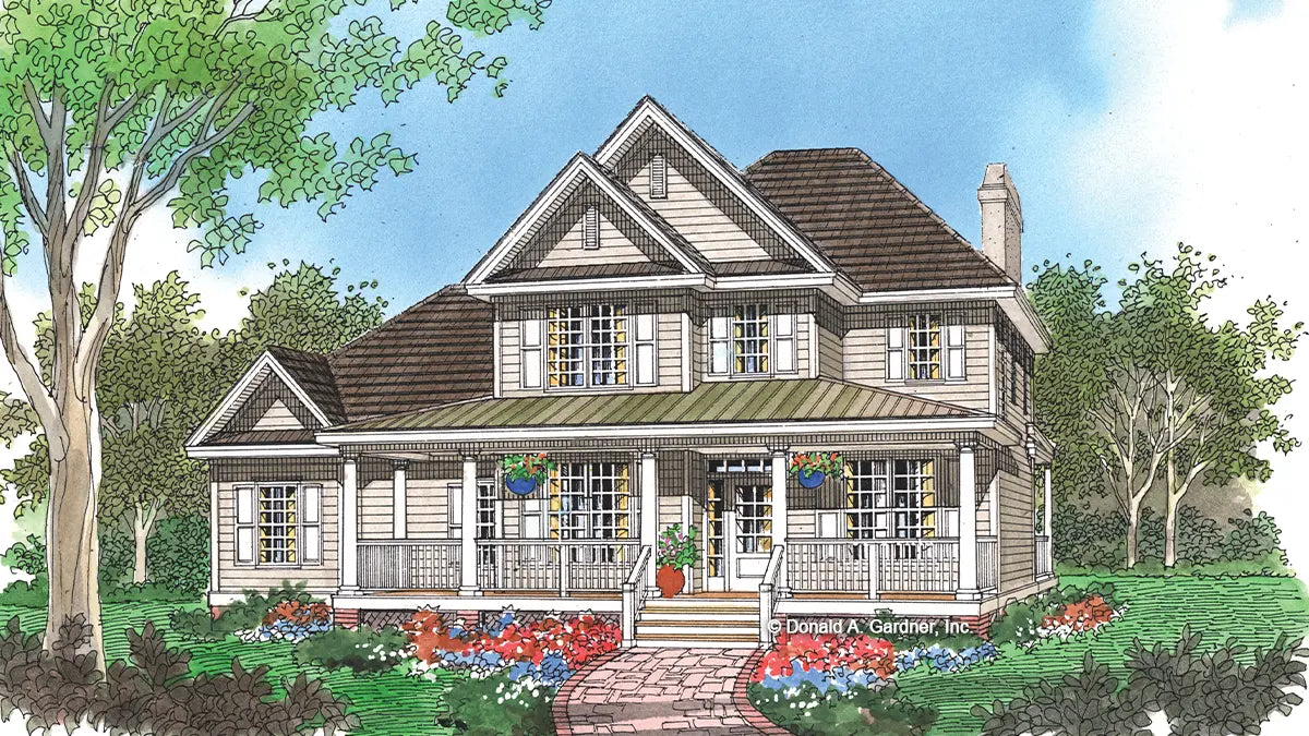 Front view illustration of a narrow country home. The Braidwood plan 893.