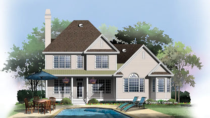 Rear view illustration with a rear porch. The Braidwood plan 893.