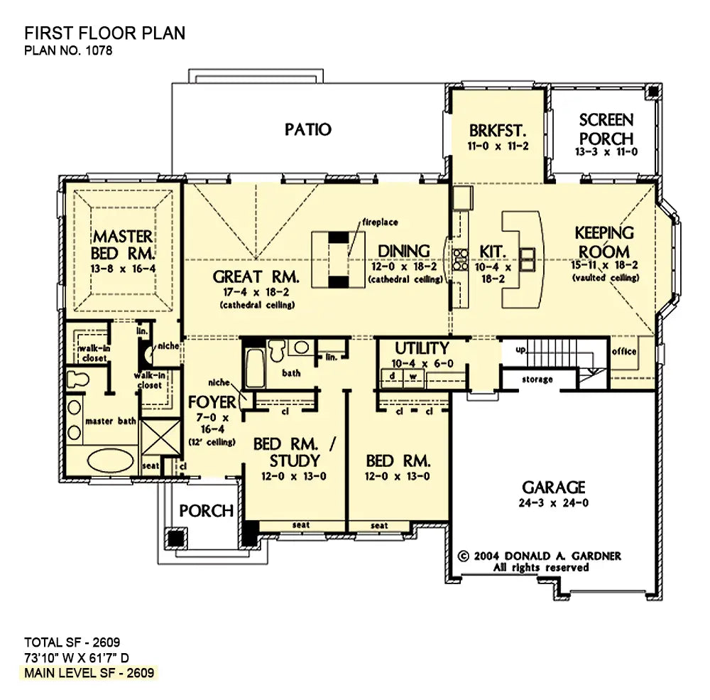 This is the first floor plan image for three bedroom house plan 1078 The Bramwell