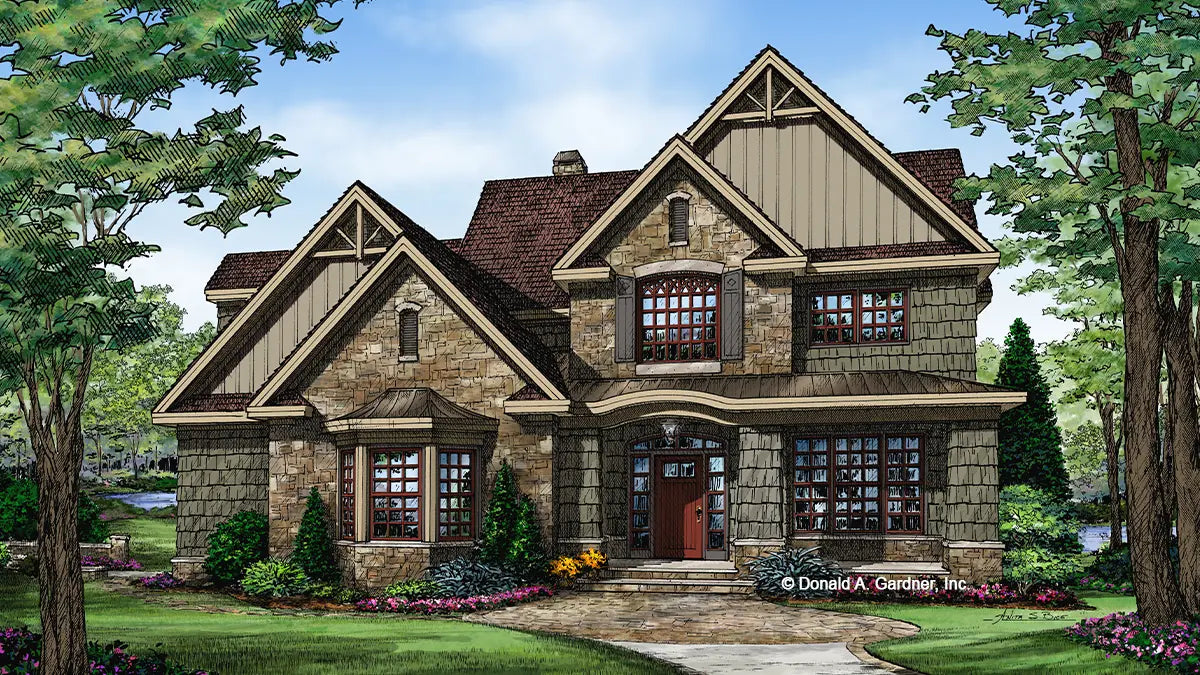 This is an illustration of the front of craftsman house plan 1343 The Braxton