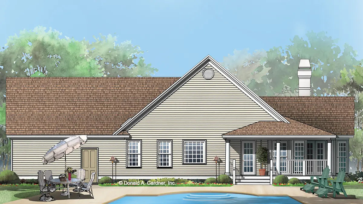 This is an illustration of the rear of three bedroom house plan 350 The Brennan