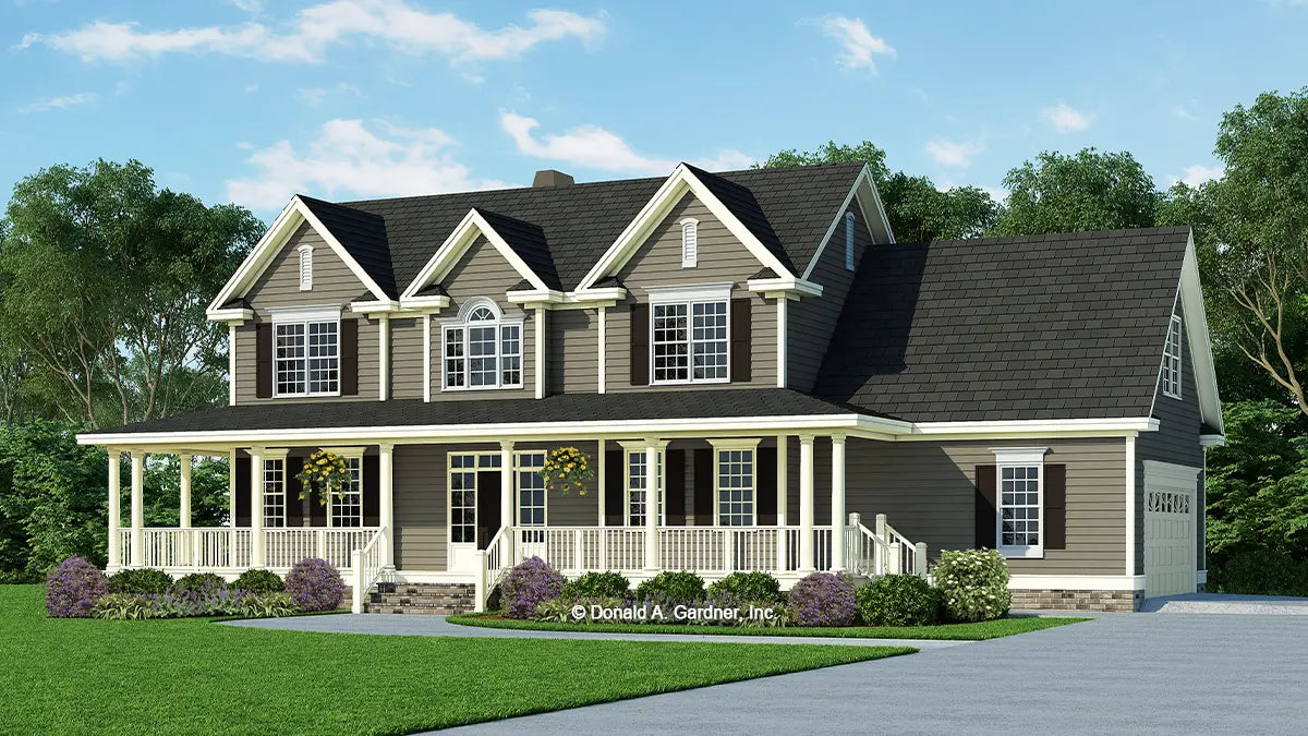 Front view illustration with a side garage. The Brentwood plan 998.