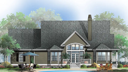 Rear view illustration with a deck. The Brentwood plan 998.