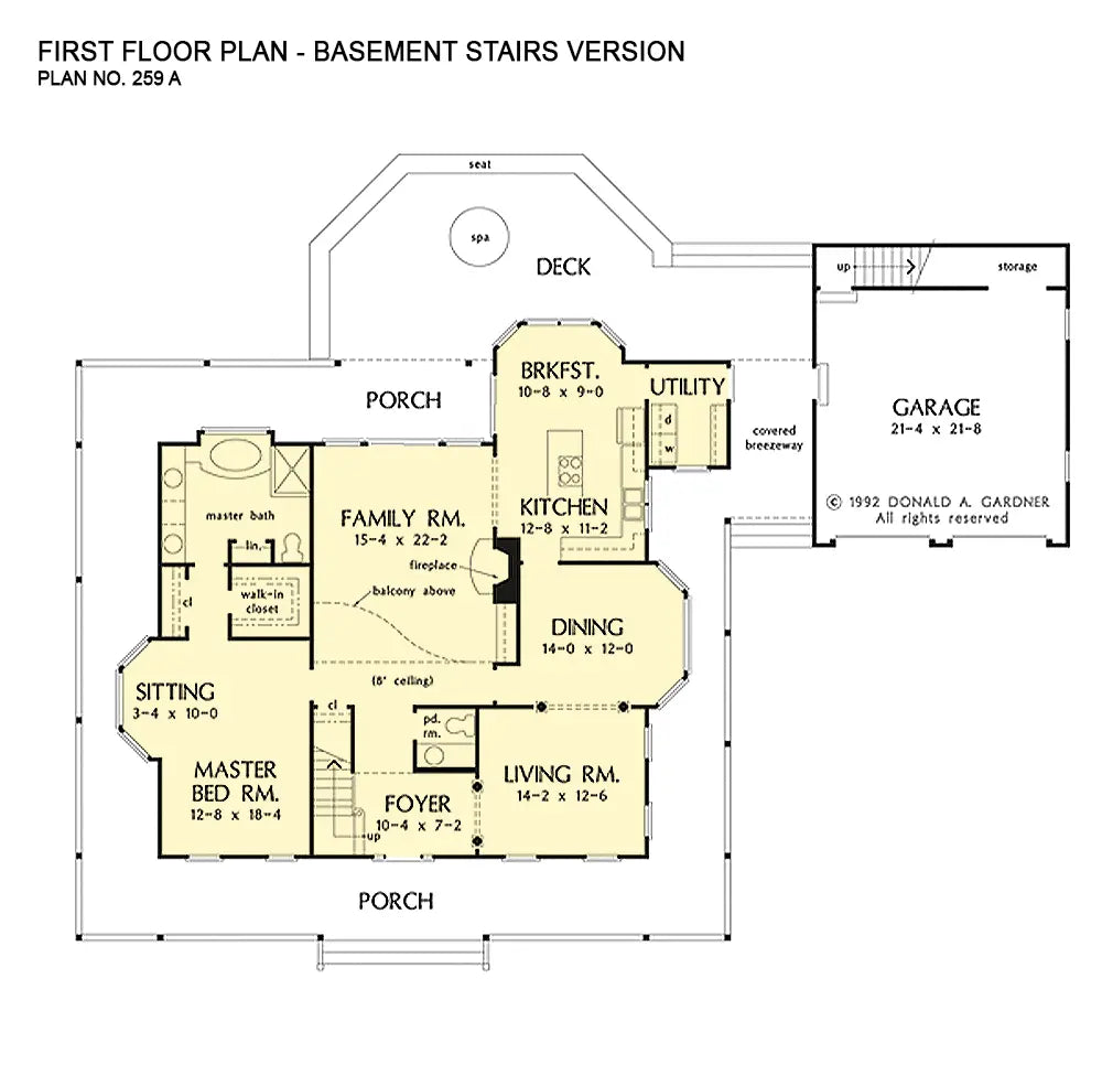 This is the first floor plan image for farmhouse plan 259 The Briarcliff if the home is built over a basement