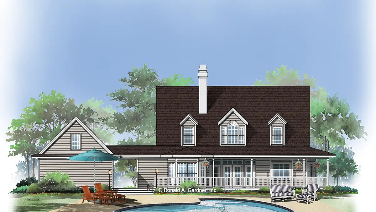 This is an illustration of the rear of farmhouse plan 259 The Briarcliff