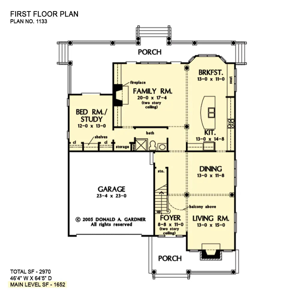 family room in the center back of the plan open to the kitchen and breakfast nook area on the right the study is to the left and the dining and living room area are on the right to the front of the house