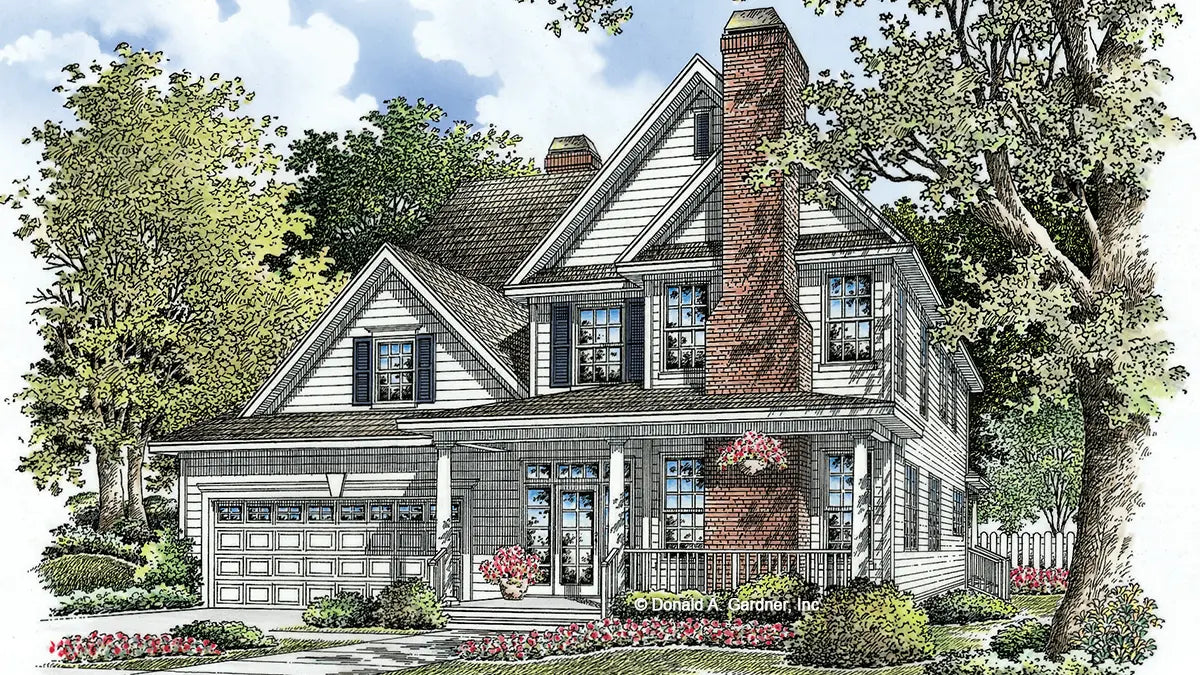 This two-story house plan's facade is designed to stand out. The front-entry garage provides convenience, while a front-facing chimney and metal roofing aids in creating a unique exterior.