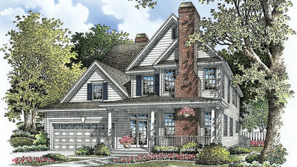 This two-story house plan's facade is designed to stand out. The front-entry garage provides convenience, while a front-facing chimney and metal roofing aids in creating a unique exterior.