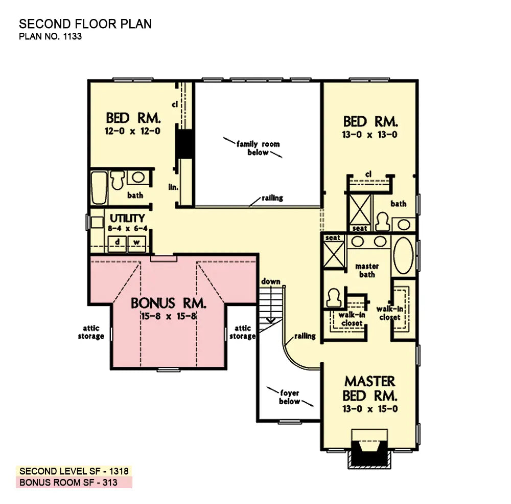 second floor has 2 bed rooms each with a bath, utility room, a bonus room over the garage and the master suite on the right front of the home