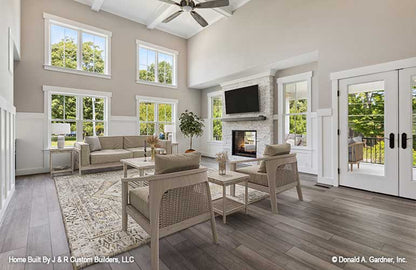 Full view of the great room with stone fireplace. The Brielle plan 1233.