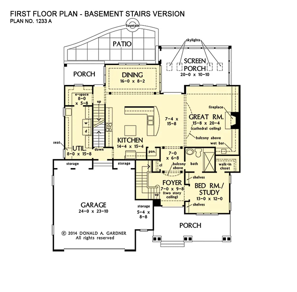 This is the first floor plan image for four bedroom house plan 1233 The Brielle if the home is built over a basement