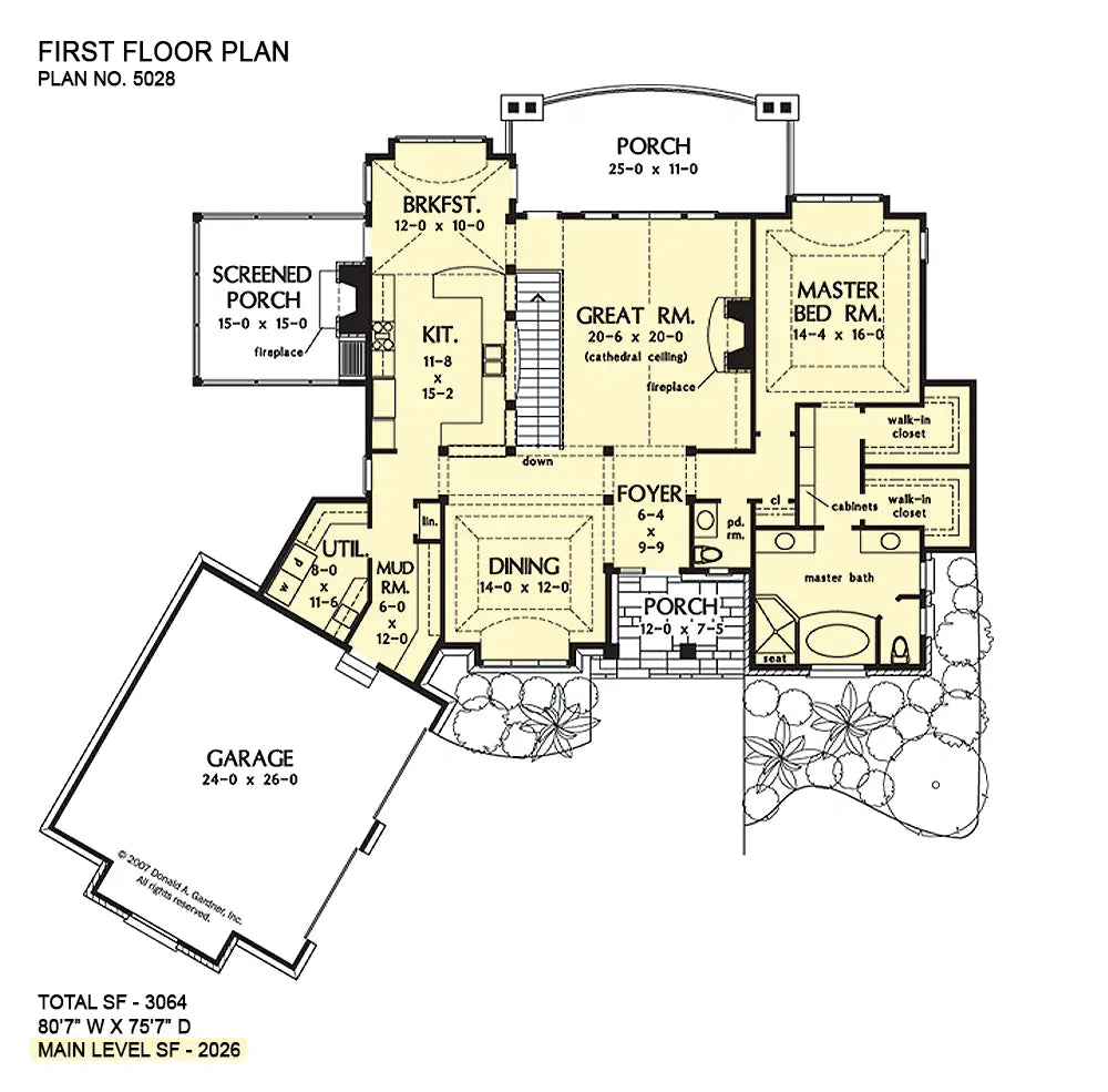 This is the first floor plan image for walkout basement house plan 5028 The Broadleaf