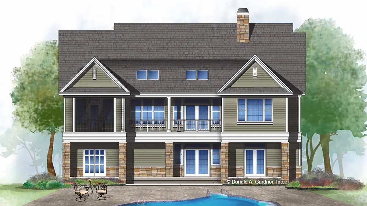 This is an illustration of the rear of walkout basement house plan 1340 The Brodie