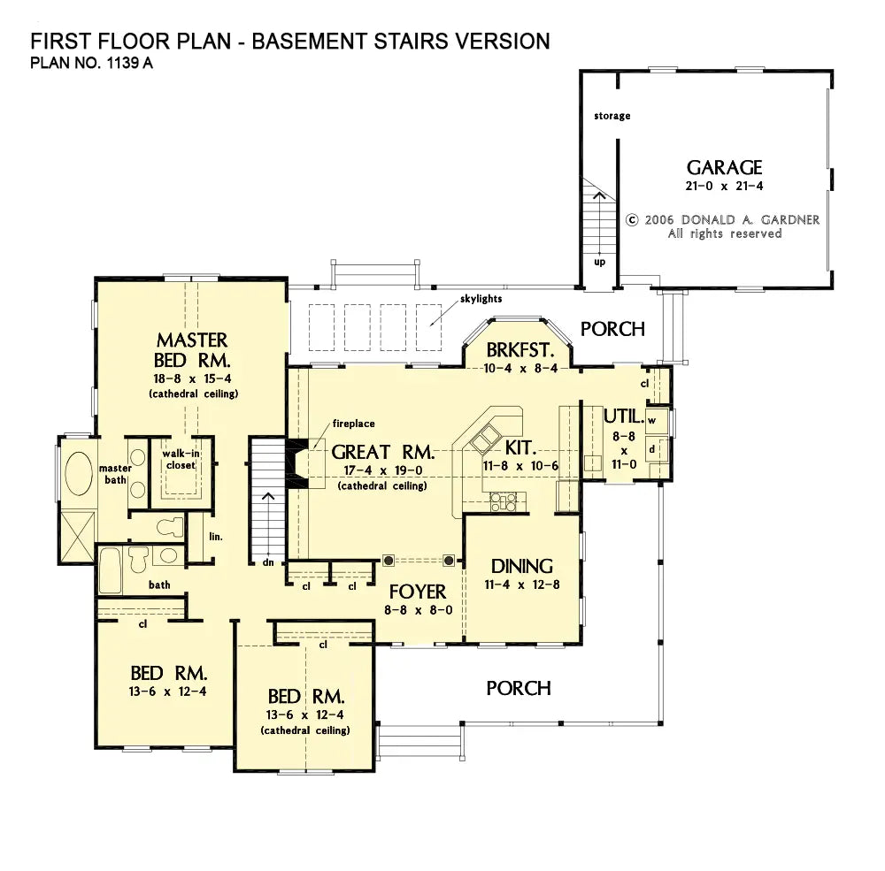 This is the first floor plan image for country house plan 1139 The Brunswicke if the home is built over a basement