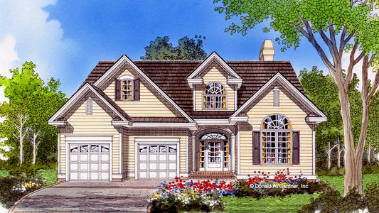 This is a front view illustration with a two-car garage. The Buchanan plan 811.