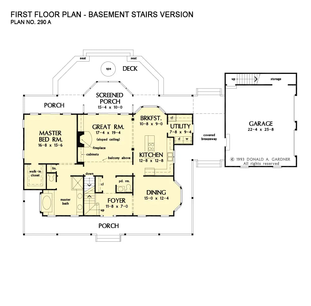 This is the first floor plan image for country house plan 290 The Burgess if the home is built over a basement