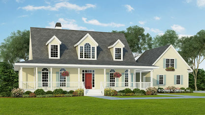 This is an illustration of the front of farmhouse plan 290 The Burgess