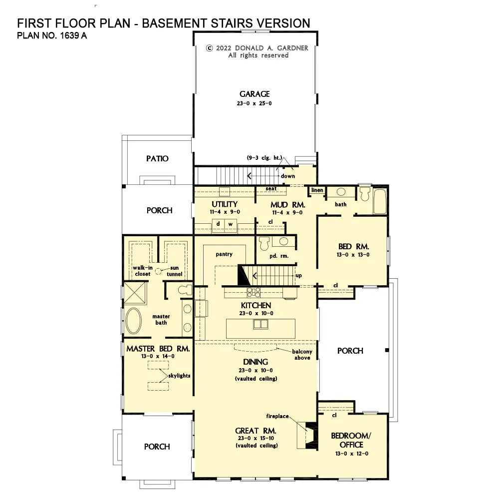 This is the first floor plan image for country house plan 1639 The Buttercup if the home is built over a basement