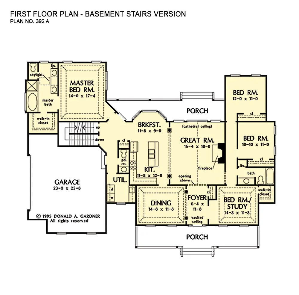 This is the first floor plan image for four bedroom house plan 392 The Calhoun if the home is built over a basement