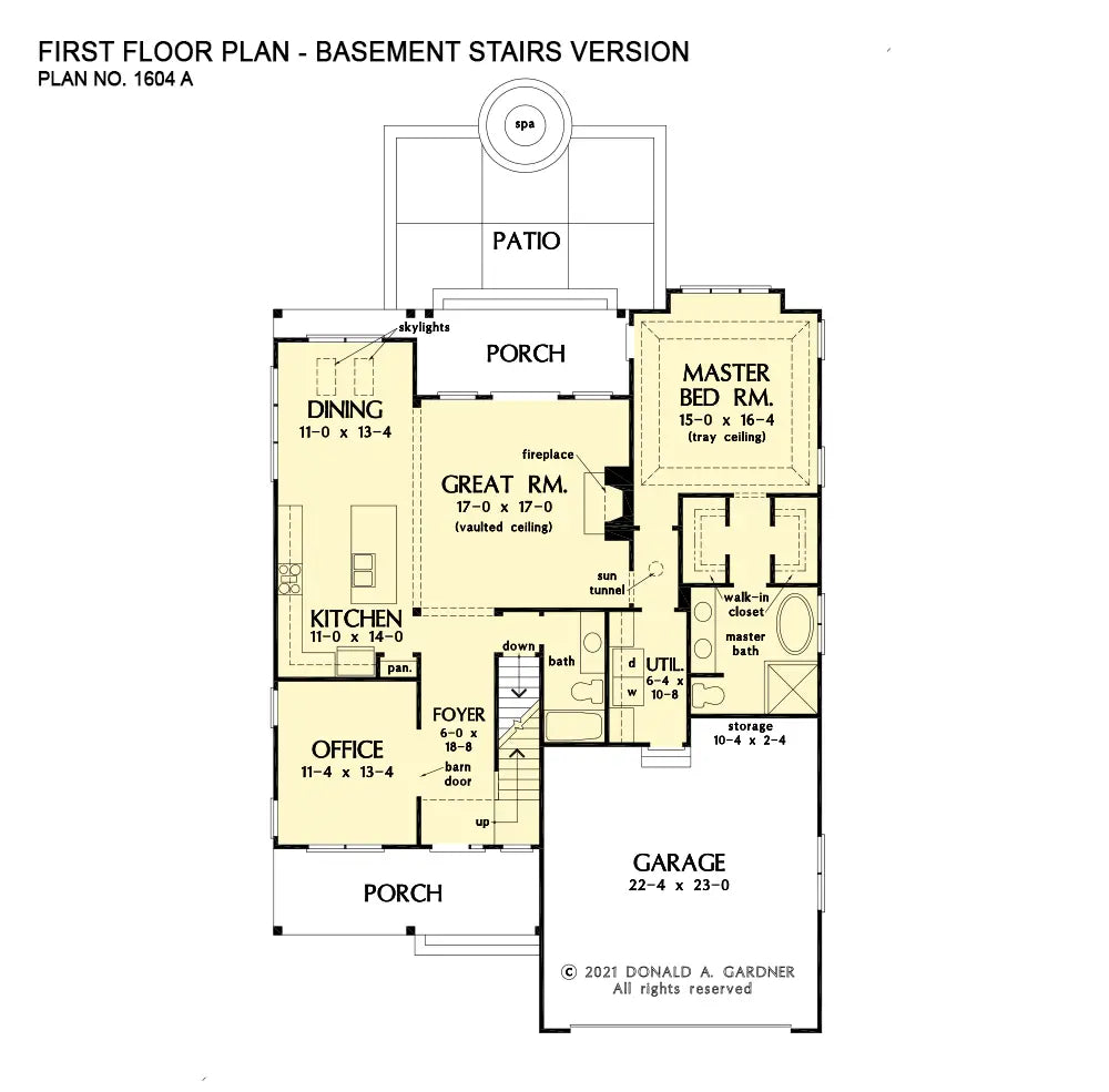 This is the first floor plan image for country house plan 1604 The Calvin if the home is built over a basement