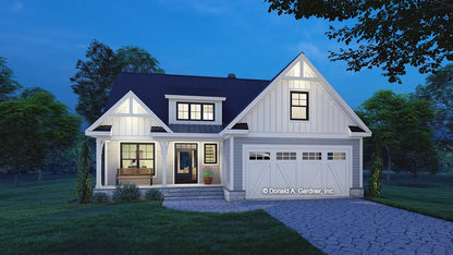 This is an illustration of the front of three bedroom house plan 1604 The Calvin at dusk