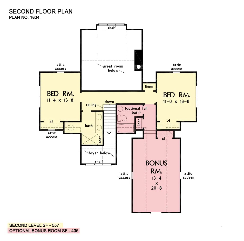 This is the second floor plan image for three bedroom house plan 1604 The Calvin