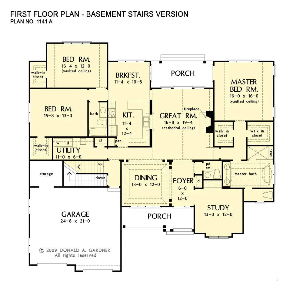 This is the first floor plan image for traditional house plan 1141 The Calypso if the home is built over a basement