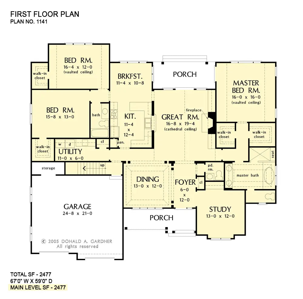 This is the first floor plan image for three bedroom house plan 1141 The Calypso