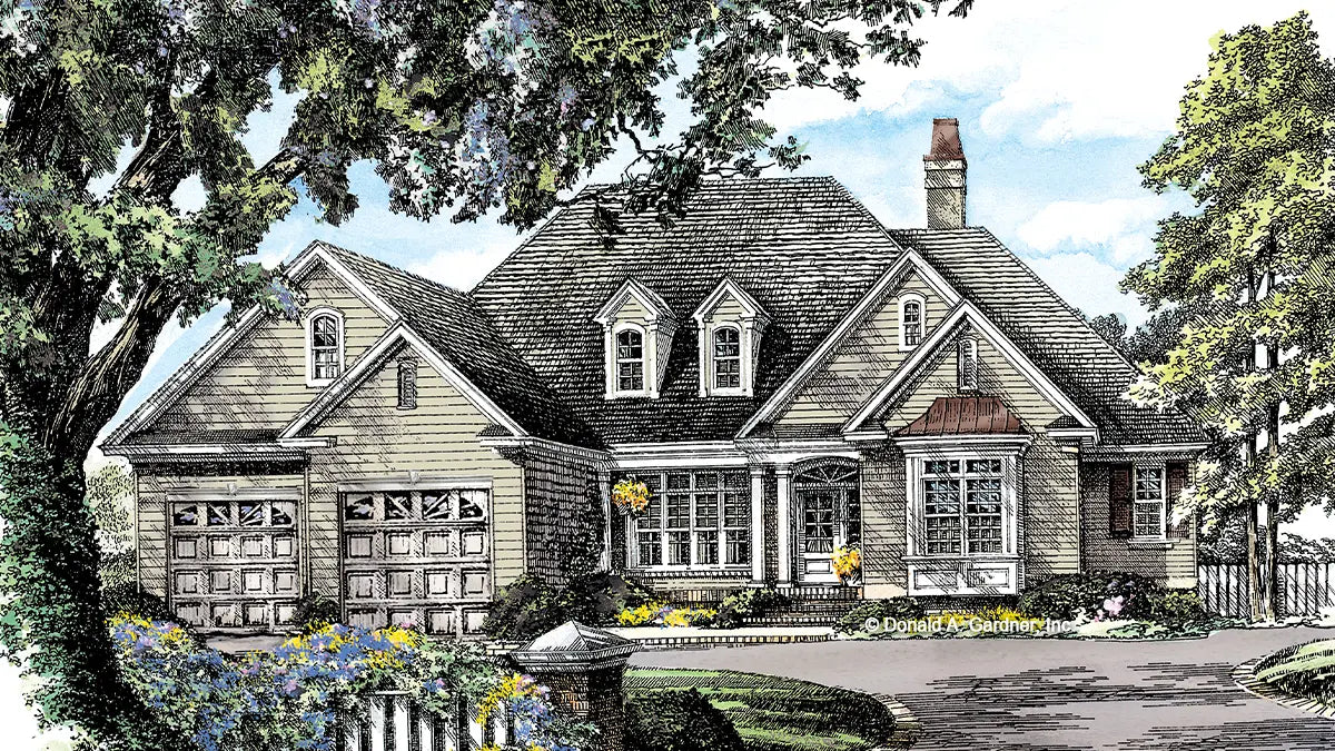 This is an illustration of the front of three bedroom house plan 1141 The Calypso