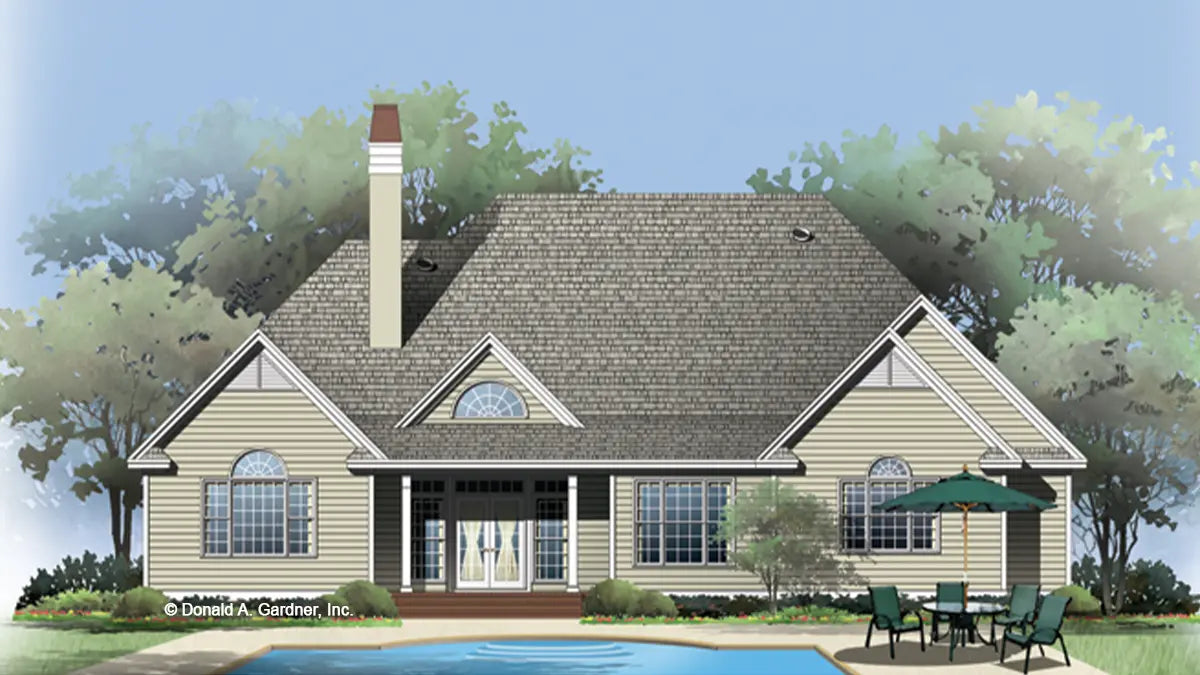 This is an illustration of the rear of traditional house plan 1141 The Calypso