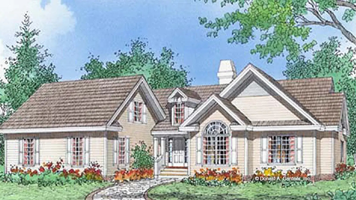 Front view illustration of a cozy family home. The Cameron plan 401.