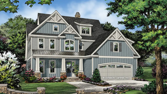 This is an illustration of the front of two story house plan 1454 The Camille