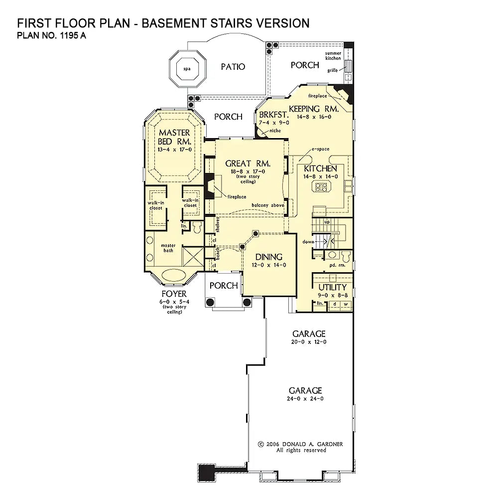 This is the first floor plan image for european house plan 1195 The Cantabria if the home is built over a basement