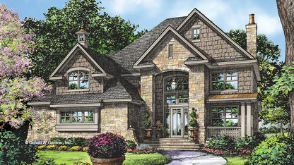 Rendered front elevation of European home