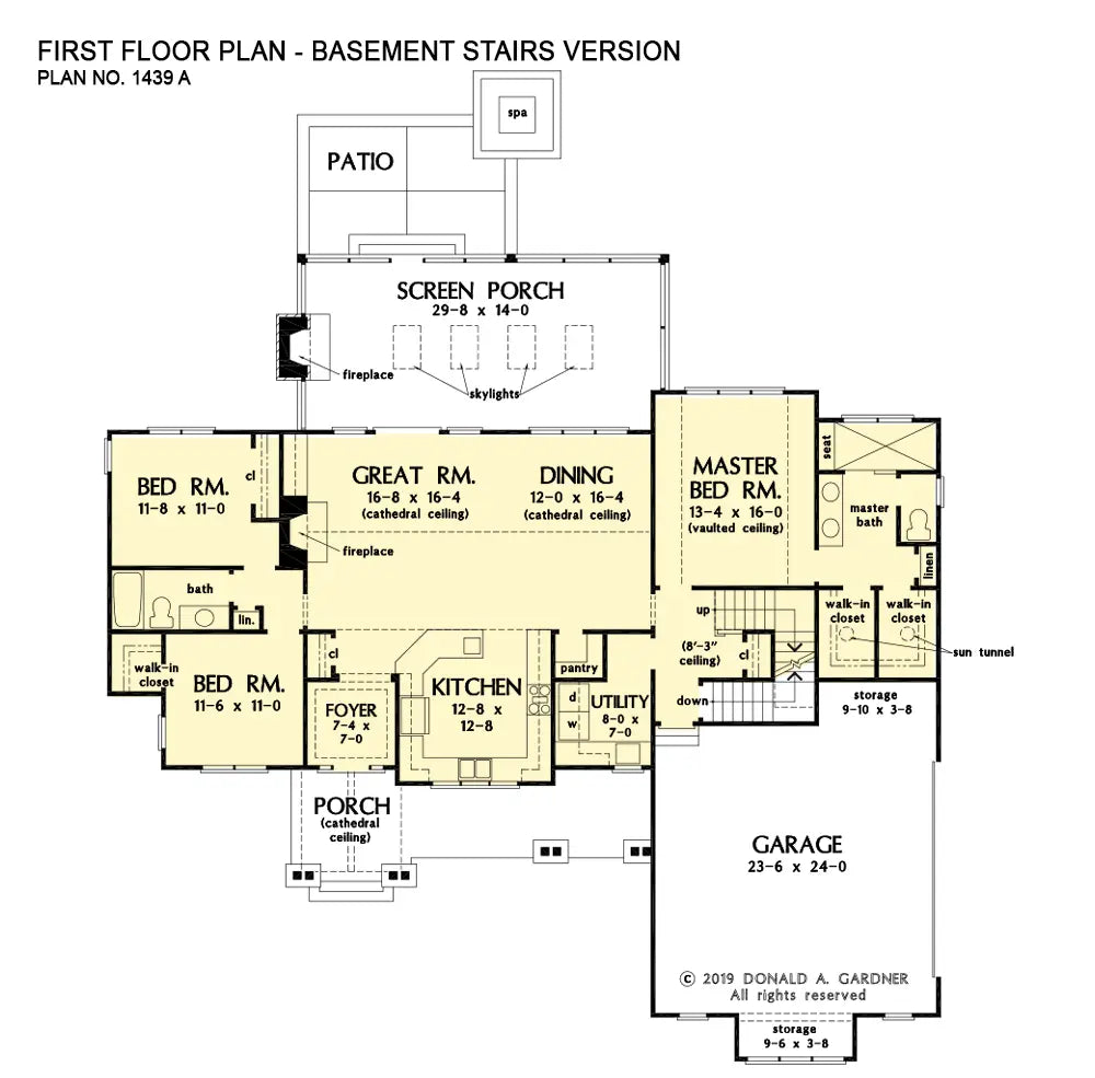 This is the first floor plan image for simple house plan 1439 The Carden if the home is built over a basement