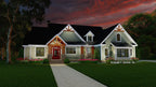 This is an illustration of the front of ranch house plan 1439 The Carden at dusk