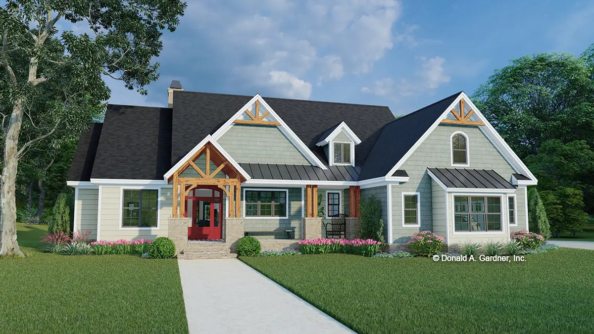 This is an illustration of the front of Craftsman house plan 1439 The Carden