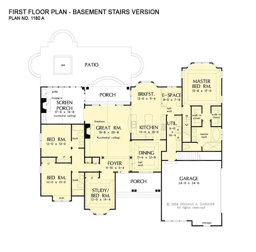 This is the first floor plan image for four bedroom house plan 1180 The Carinthia if the home is built over a basement