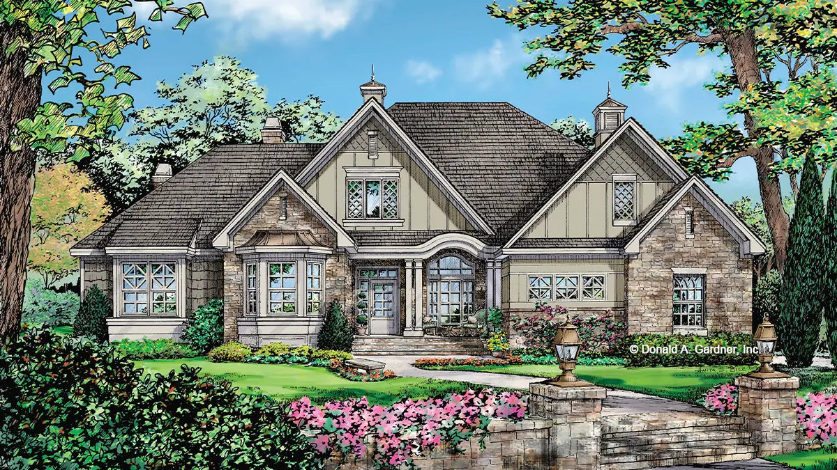 This is an illustration of the front of one story house plan 1180 The Carinthia