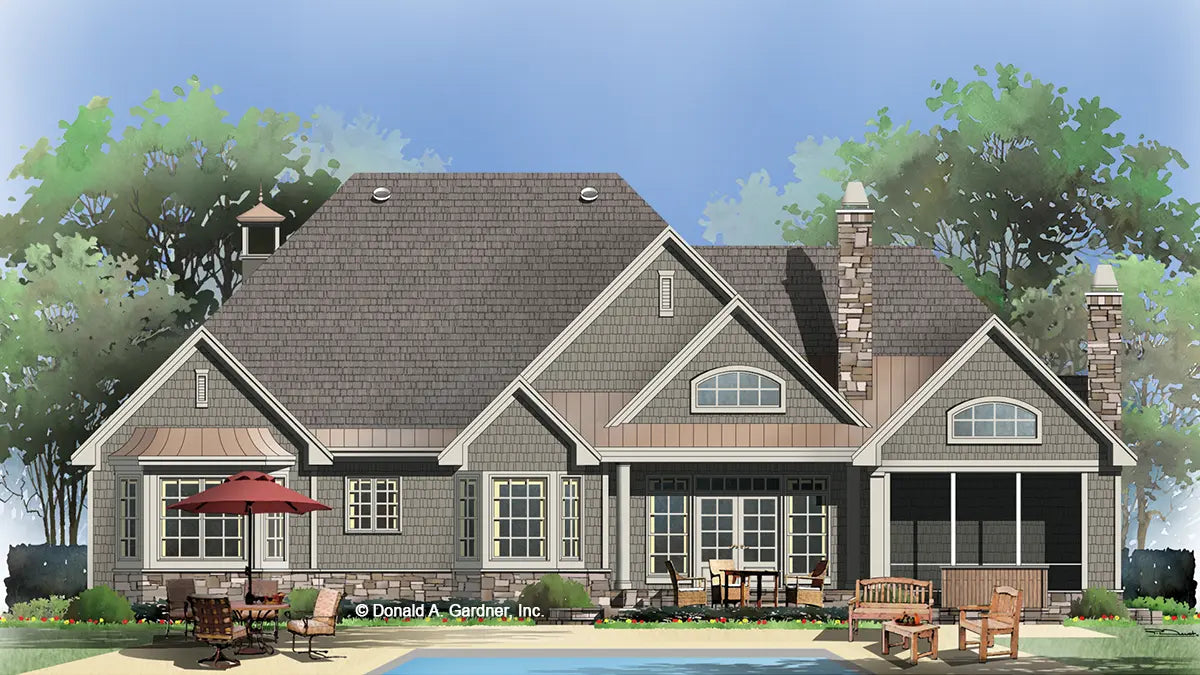 This is an illustration of the rear of four bedroom house plan 1180 The Carinthia