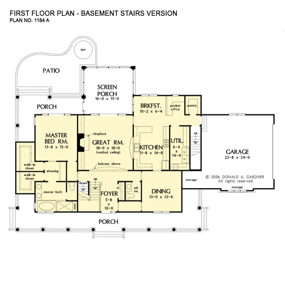 This is the first floor plan image for farmhouse plan 1184 The Carisbrooke if the home is built over a basement