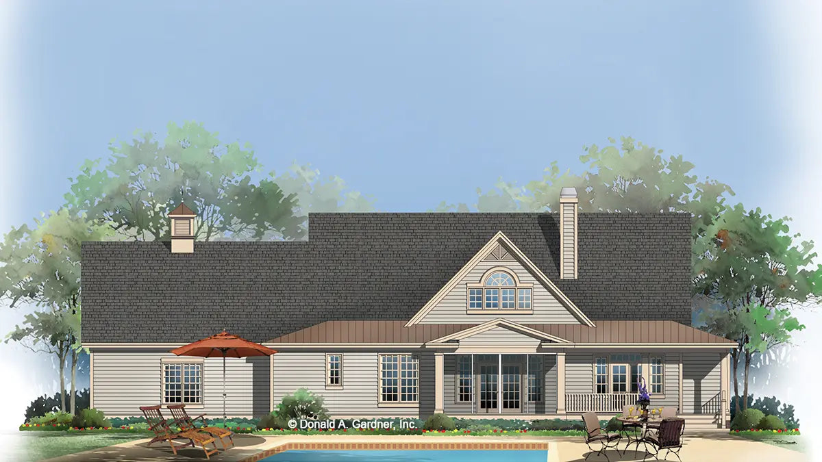 This is an illustration of the rear of farmhouse plan 1184 The Carisbrooke